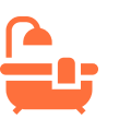 Orange bathtub icon with towel and shower.