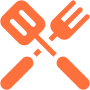 Orange spatula and fork crossed on black.