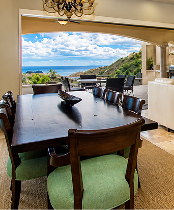 Dining room with ocean view and patio.