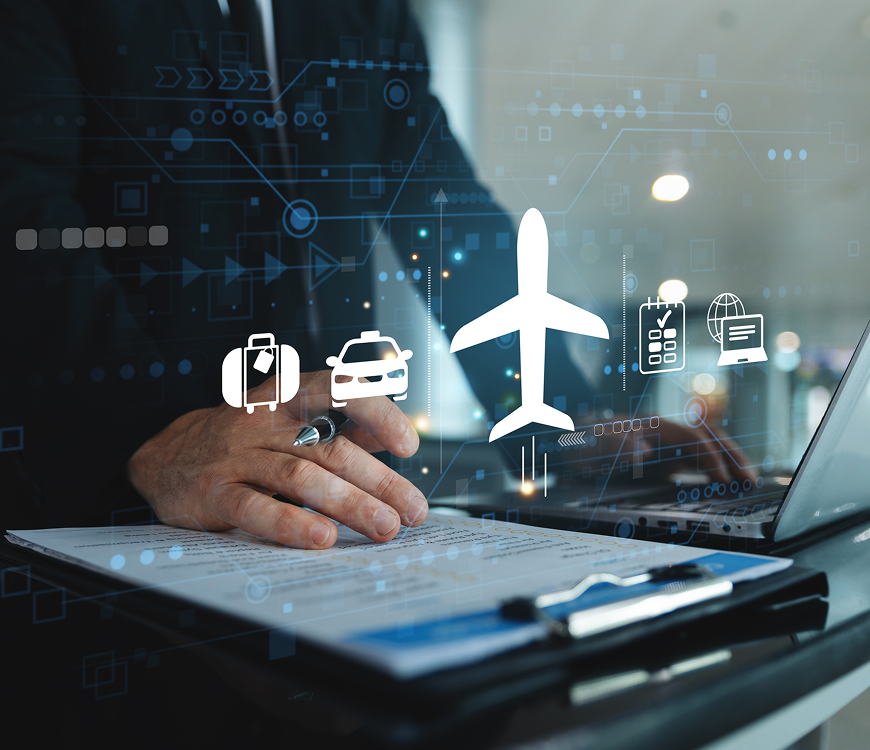 Travel planning with transportation icons and documents.
