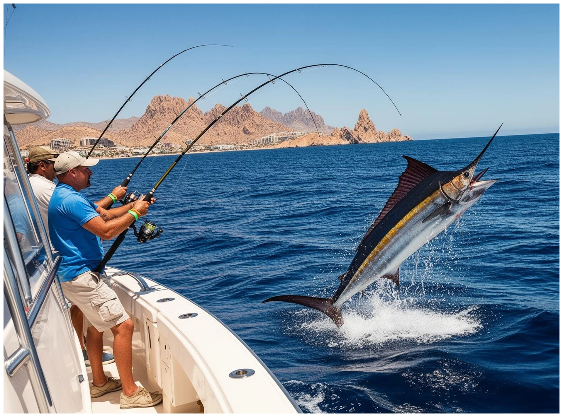Men fishing, catching marlin on boat.