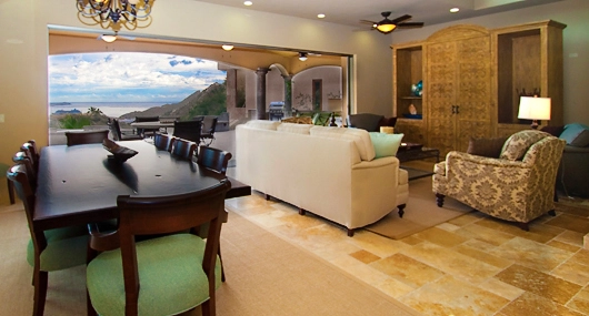 Spacious living room with ocean view.